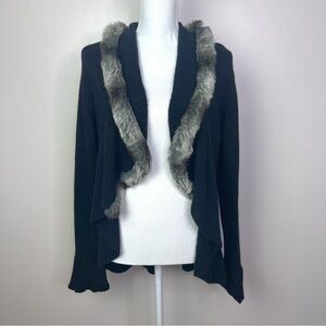 Pamela Dennis Private Client Group Black Faux Fur Trimmed Open Cardigan